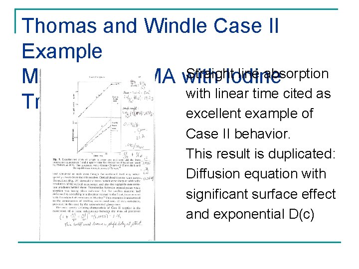 Thomas and Windle Case II Example Straight line absorption Methanol/PMMA with Iodine with linear