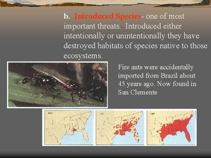 b. Introduced Species- one of most important threats. Introduced either intentionally or unintentionally they