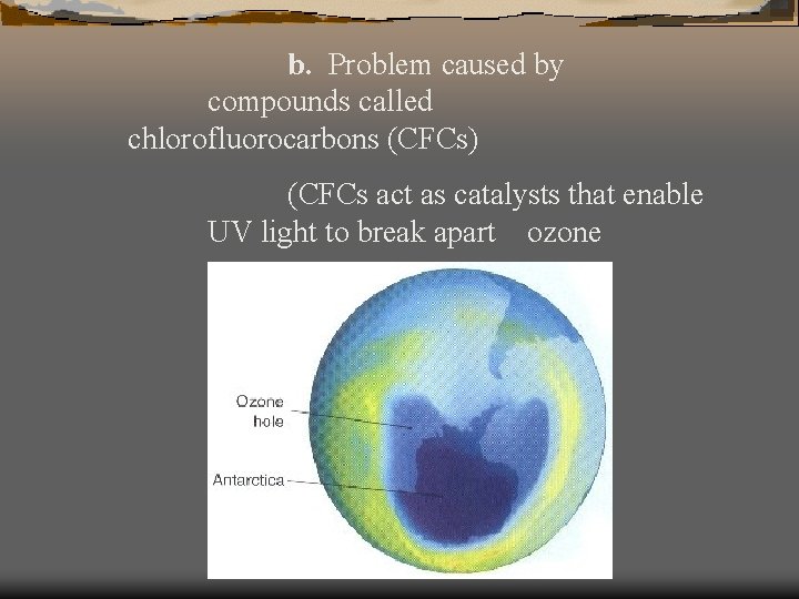 b. Problem caused by compounds called chlorofluorocarbons (CFCs) (CFCs act as catalysts that enable
