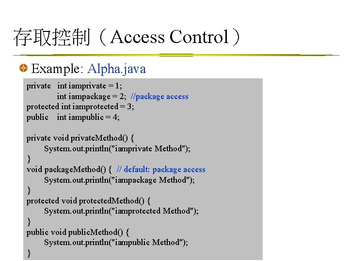 存取控制（Access Control） Example: Alpha. java private int iamprivate = 1; int iampackage = 2;