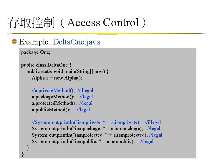 存取控制（Access Control） Example: Delta. One. java package One; public class Delta. One { public