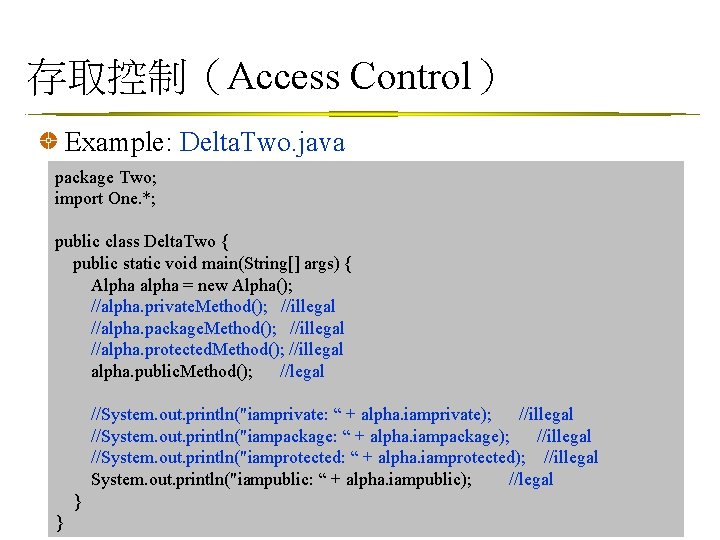 存取控制（Access Control） Example: Delta. Two. java package Two; import One. *; public class Delta.