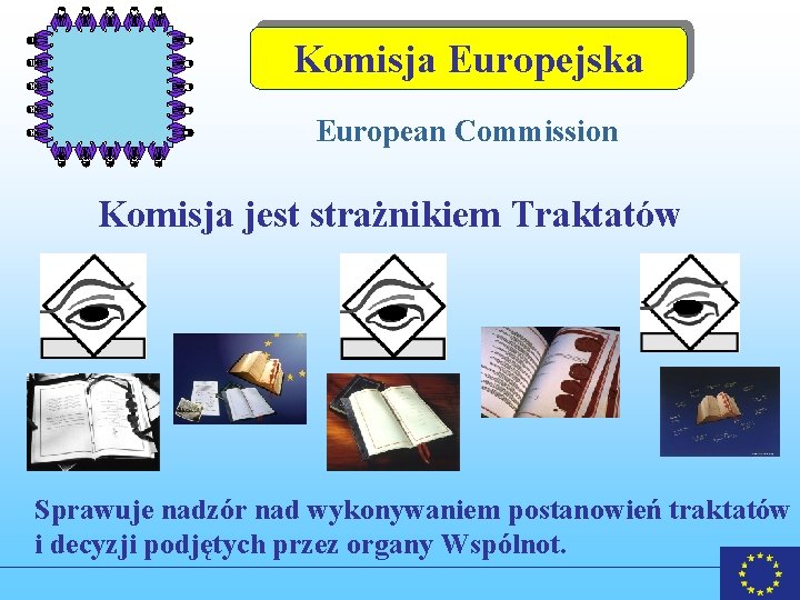 Komisja Europejska European Commission Komisja jest strażnikiem Traktatów Sprawuje nadzór nad wykonywaniem postanowień traktatów