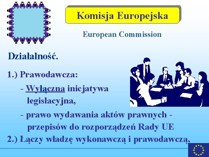 Komisja Europejska European Commission Działalność. 1. ) Prawodawcza: - Wyłączna inicjatywa legislacyjna, - prawo