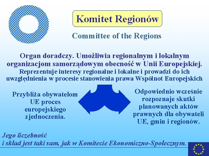 Komitet Regionów Committee of the Regions Organ doradczy. Umożliwia regionalnym i lokalnym organizacjom samorządowym