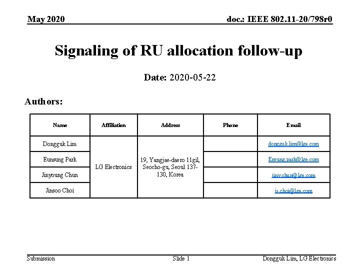 May 2020 doc. : IEEE 802. 11 -20/798 r 0 Signaling of RU allocation