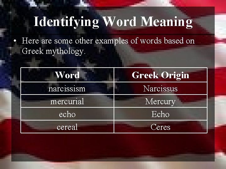 Identifying Word Meaning • Here are some other examples of words based on Greek