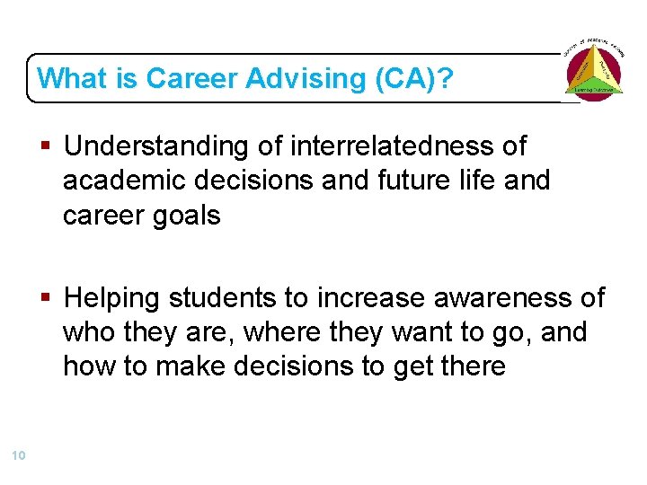 What is Career Advising (CA)? (CA § Understanding of interrelatedness of academic decisions and What is Career Advising (CA)? (CA § Understanding of interrelatedness of academic decisions and