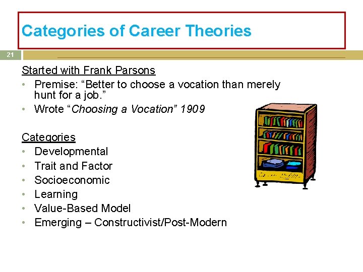 Categories of Career Theories 21 Started with Frank Parsons • Premise: “Better to choose Categories of Career Theories 21 Started with Frank Parsons • Premise: “Better to choose