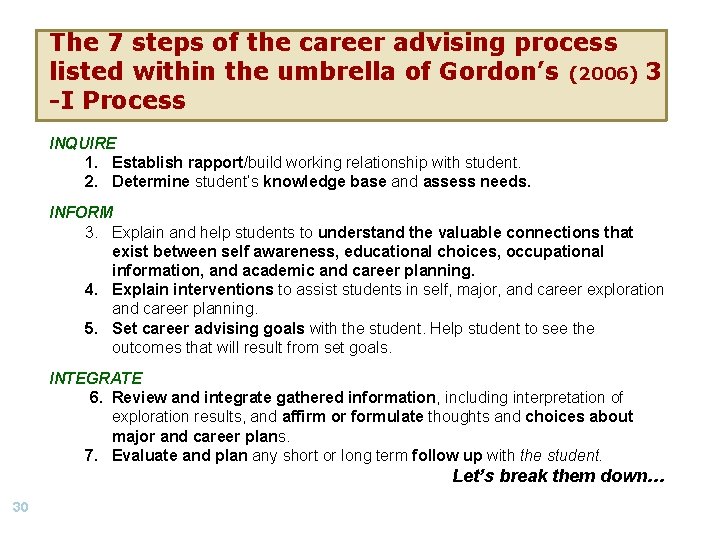 The 7 steps of the career advising process listed within the umbrella of Gordon’s The 7 steps of the career advising process listed within the umbrella of Gordon’s