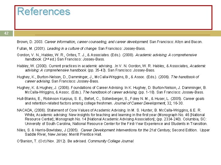 References 42 Brown, D. 2003. Career information, career counseling, and career development. San Francisco: References 42 Brown, D. 2003. Career information, career counseling, and career development. San Francisco: