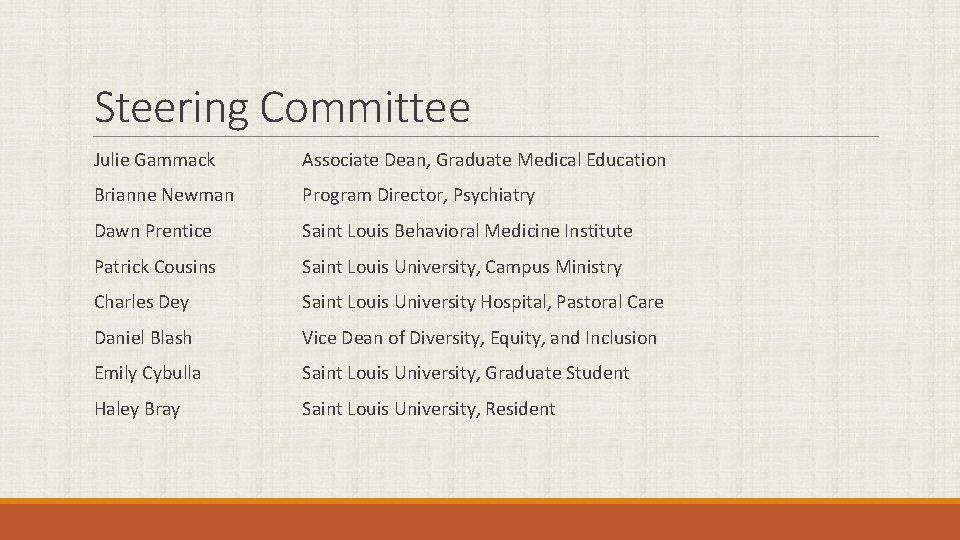 Steering Committee Julie Gammack Associate Dean, Graduate Medical Education Brianne Newman Program Director, Psychiatry