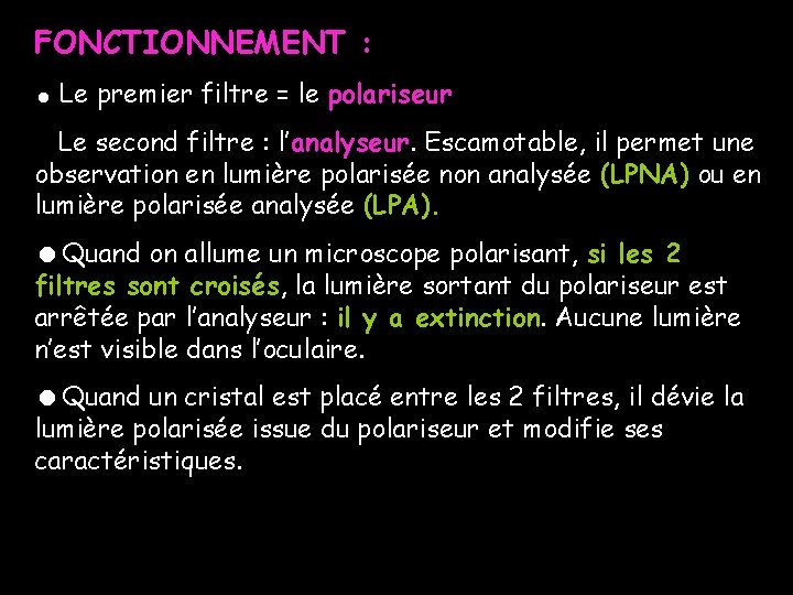 FONCTIONNEMENT : Le premier filtre = le polariseur Le second filtre : l’analyseur. Escamotable,