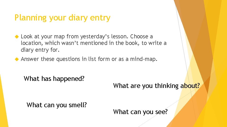 Planning your diary entry Look at your map from yesterday’s lesson. Choose a location,