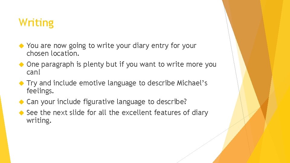 Writing You are now going to write your diary entry for your chosen location.
