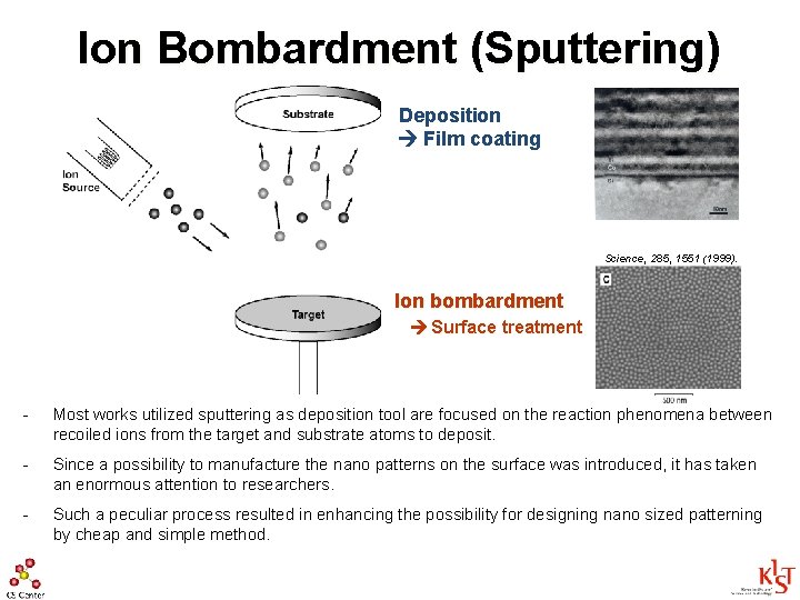 Ion Bombardment (Sputtering) Deposition Film coating Science, 285, 1551 (1999). Ion bombardment Surface treatment
