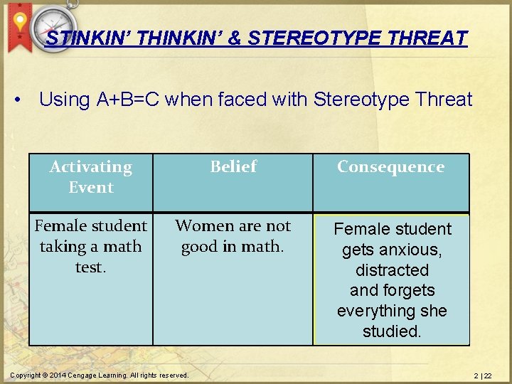 STINKIN’ THINKIN’ & STEREOTYPE THREAT • Using A+B=C when faced with Stereotype Threat Activating