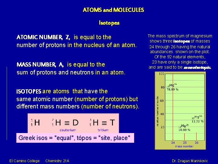 ATOMS and MOLECULES Isotopes ATOMIC NUMBER, Z, is equal to the number of protons