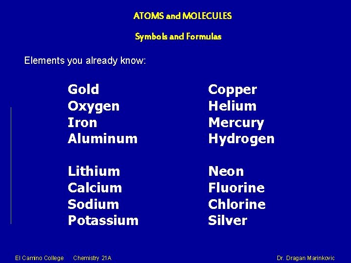 ATOMS and MOLECULES Symbols and Formulas Elements you already know: Gold Oxygen Iron Aluminum
