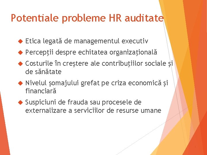 Potentiale probleme HR auditate Etica legată de managementul executiv Percepţii despre echitatea organizaţională Costurile