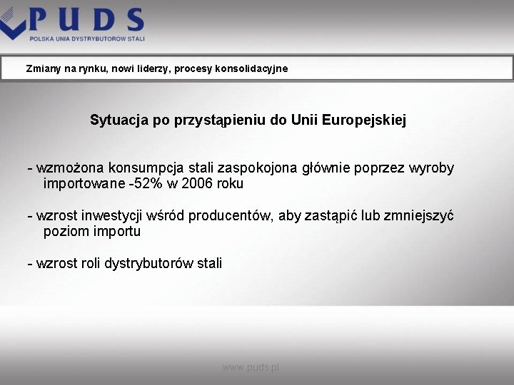 Zmiany na rynku, nowi liderzy, procesy konsolidacyjne Sytuacja po przystąpieniu do Unii Europejskiej -