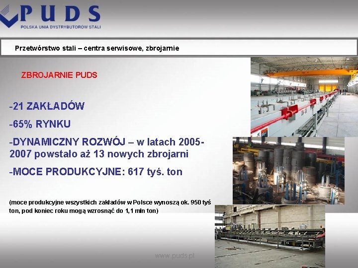 Przetwórstwo stali – centra serwisowe, zbrojarnie ZBROJARNIE PUDS -21 ZAKŁADÓW -65% RYNKU -DYNAMICZNY ROZWÓJ