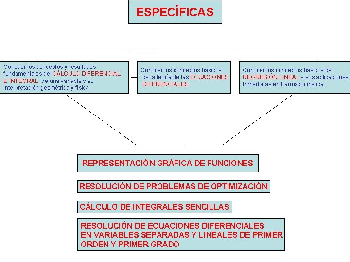 ESPECÍFICAS Conocer los conceptos y resultados fundamentales del CÁLCULO DIFERENCIAL E INTEGRAL de una