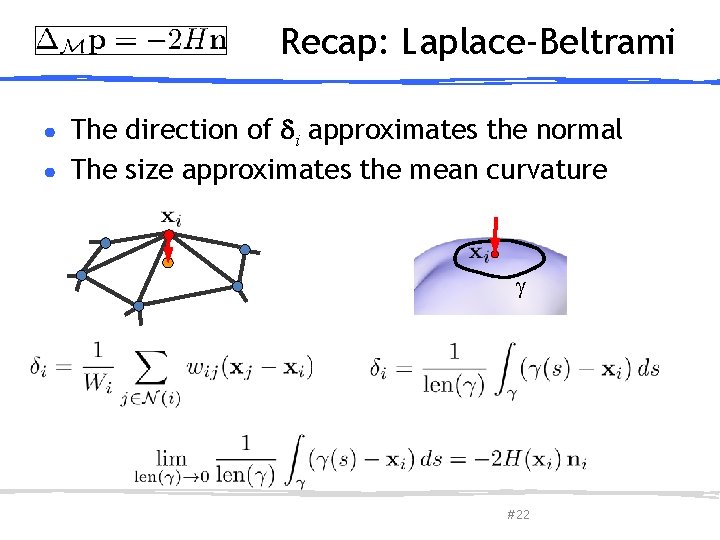 Recap: Laplace-Beltrami The direction of i approximates the normal ● The size approximates the