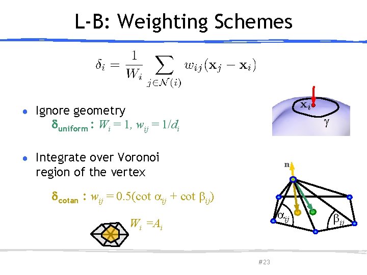 L-B: Weighting Schemes ● Ignore geometry uniform : Wi = 1, wij = 1/di