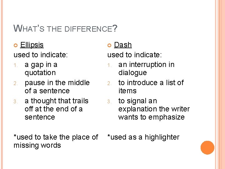 WHAT’S THE DIFFERENCE? Ellipsis used to indicate: 1. a gap in a quotation 2.