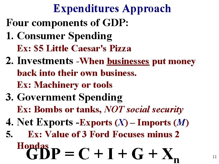 Expenditures Approach Four components of GDP: 1. Consumer Spending Ex: $5 Little Caesar's Pizza