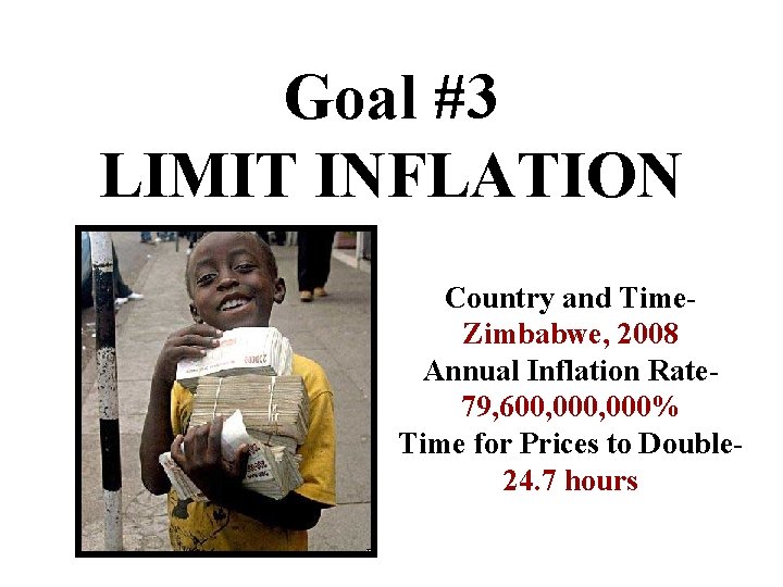 Goal #3 LIMIT INFLATION Country and Time. Zimbabwe, 2008 Annual Inflation Rate 79, 600,