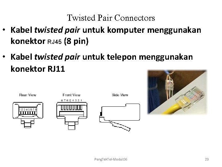 Twisted Pair Connectors • Kabel twisted pair untuk komputer menggunakan konektor RJ 45 (8