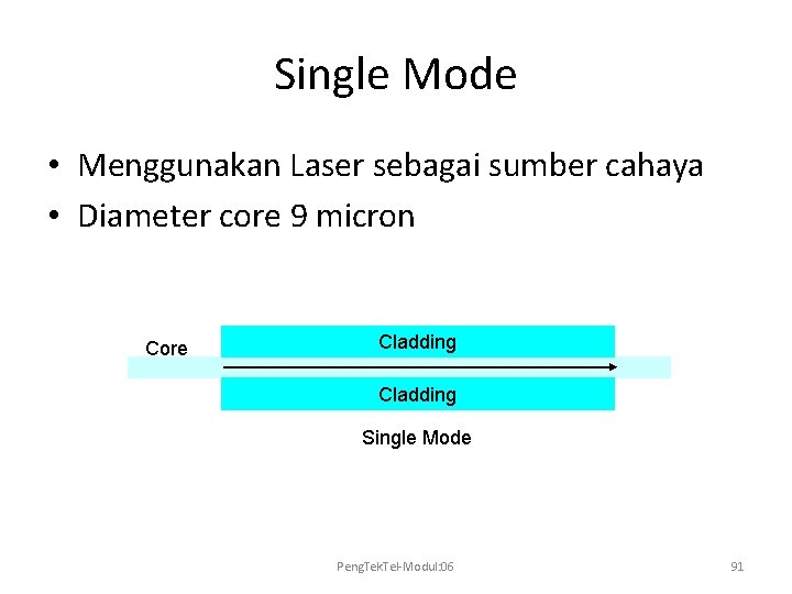 Single Mode • Menggunakan Laser sebagai sumber cahaya • Diameter core 9 micron Core