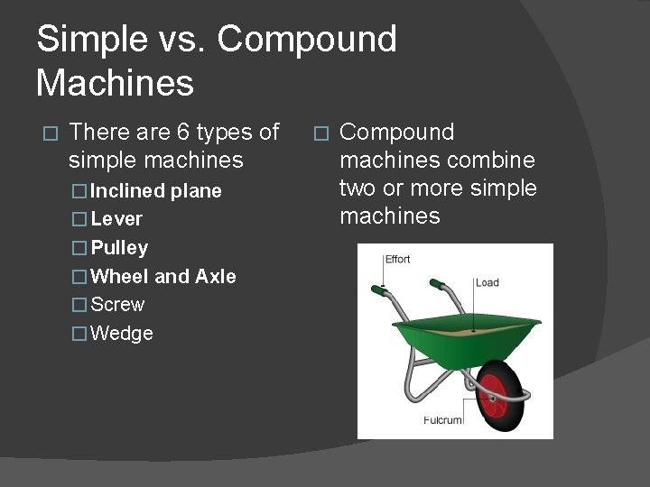Simple vs. Compound Machines � There are 6 types of simple machines � Inclined