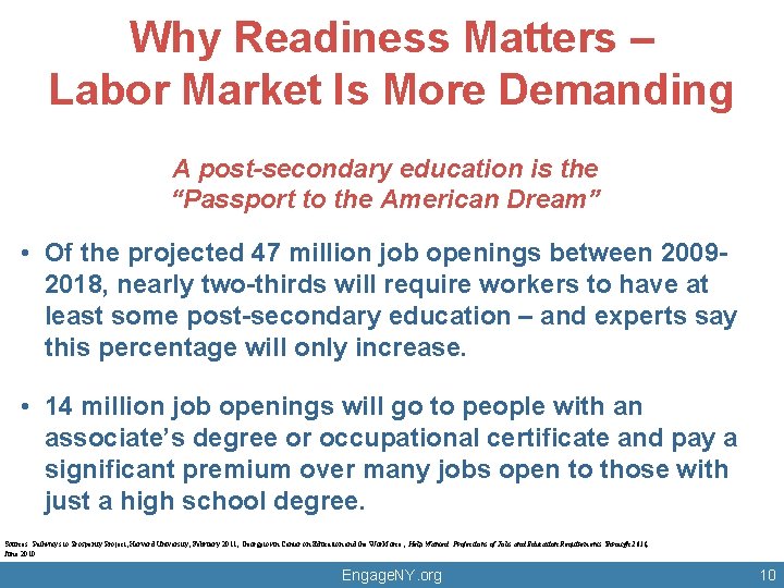 Why Readiness Matters – Labor Market Is More Demanding A post-secondary education is the