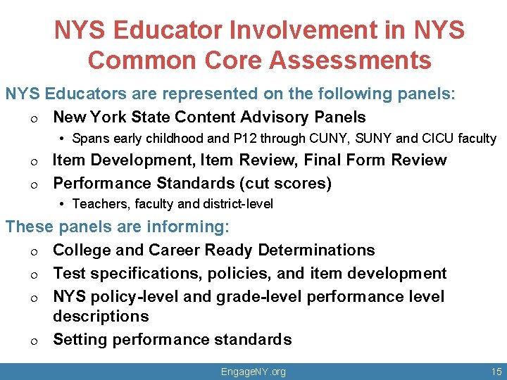 NYS Educator Involvement in NYS Common Core Assessments NYS Educators are represented on the