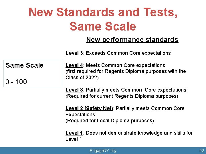New Standards and Tests, Same Scale New performance standards Level 5: Exceeds Common Core
