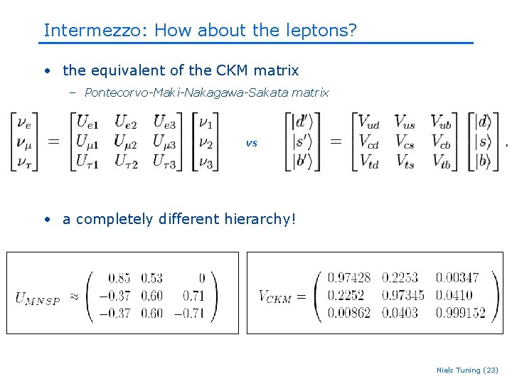 Intermezzo: How about the leptons? • the equivalent of the CKM matrix – Pontecorvo-Maki-Nakagawa-Sakata Intermezzo: How about the leptons? • the equivalent of the CKM matrix – Pontecorvo-Maki-Nakagawa-Sakata