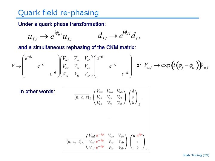 Quark field re-phasing Under a quark phase transformation: and a simultaneous rephasing of the Quark field re-phasing Under a quark phase transformation: and a simultaneous rephasing of the
