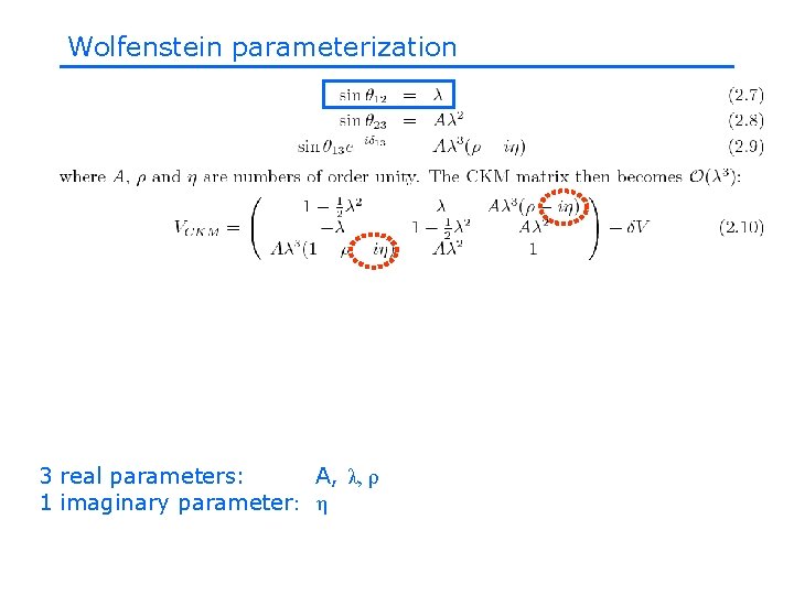 Wolfenstein parameterization 3 real parameters: A, λ, ρ 1 imaginary parameter: η Wolfenstein parameterization 3 real parameters: A, λ, ρ 1 imaginary parameter: η