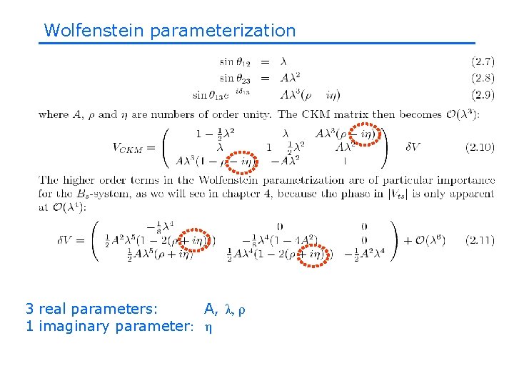 Wolfenstein parameterization 3 real parameters: A, λ, ρ 1 imaginary parameter: η Wolfenstein parameterization 3 real parameters: A, λ, ρ 1 imaginary parameter: η