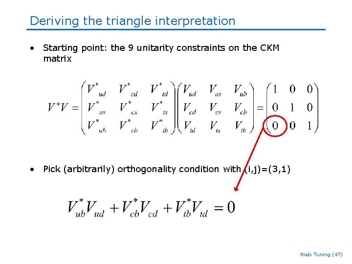 Deriving the triangle interpretation • Starting point: the 9 unitarity constraints on the CKM Deriving the triangle interpretation • Starting point: the 9 unitarity constraints on the CKM