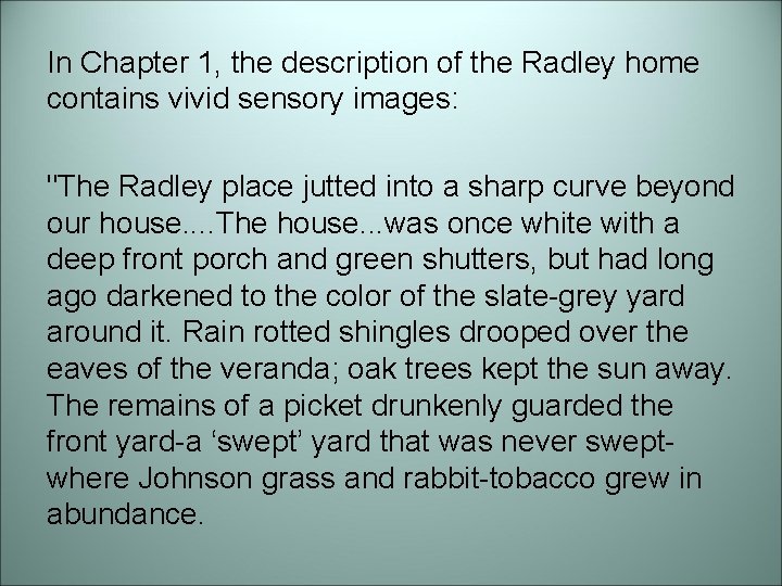 In Chapter 1, the description of the Radley home contains vivid sensory images: "The