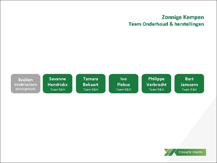 Zonnige Kempen Team Onderhoud & herstellingen Evelien Vanderspikken afdelingshoofd Savanne Bart Hendrickx Bisschops Team