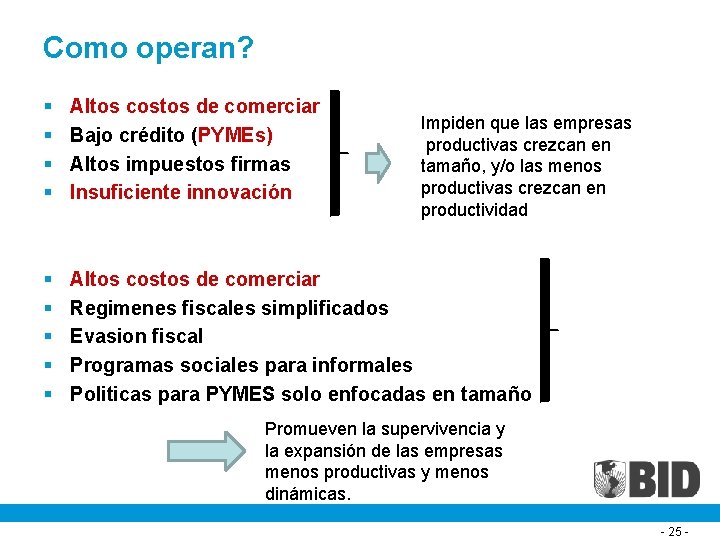 Como operan? § § Altos costos de comerciar Bajo crédito (PYMEs) Altos impuestos firmas