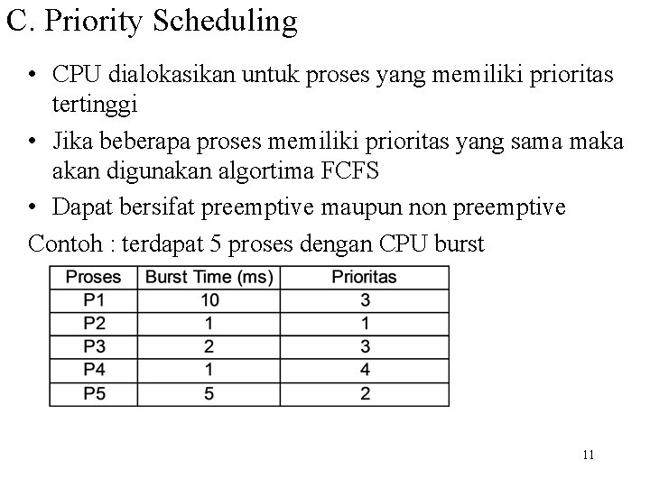 C. Priority Scheduling • CPU dialokasikan untuk proses yang memiliki prioritas tertinggi • Jika