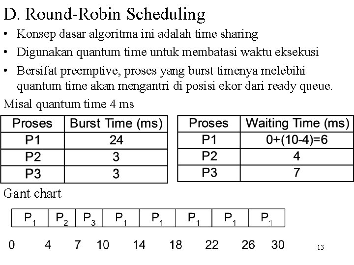 D. Round-Robin Scheduling • Konsep dasar algoritma ini adalah time sharing • Digunakan quantum