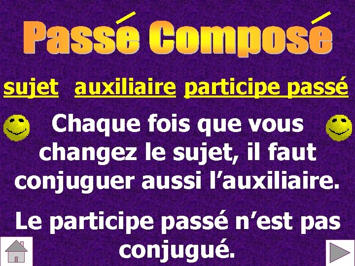 sujet auxiliaire participe passé Chaque fois que vous changez le sujet, il faut conjuguer