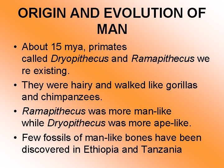 ORIGIN AND EVOLUTION OF MAN • About 15 mya, primates called Dryopithecus and Ramapithecus